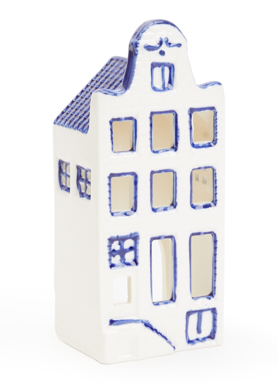 Heinen Delfts Blauw Huisje 2 Klokgevel waxinelichthouder 15 cm - voorkant blauw
