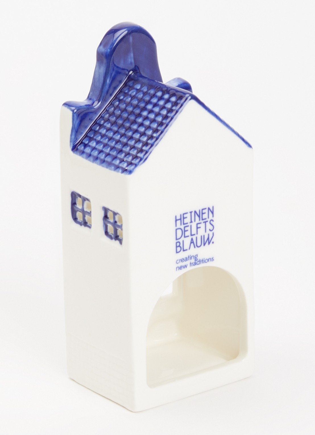 Heinen Delfts Blauw Huisje 2 Klokgevel waxinelichthouder 15 cm - voorkant 2 blauw