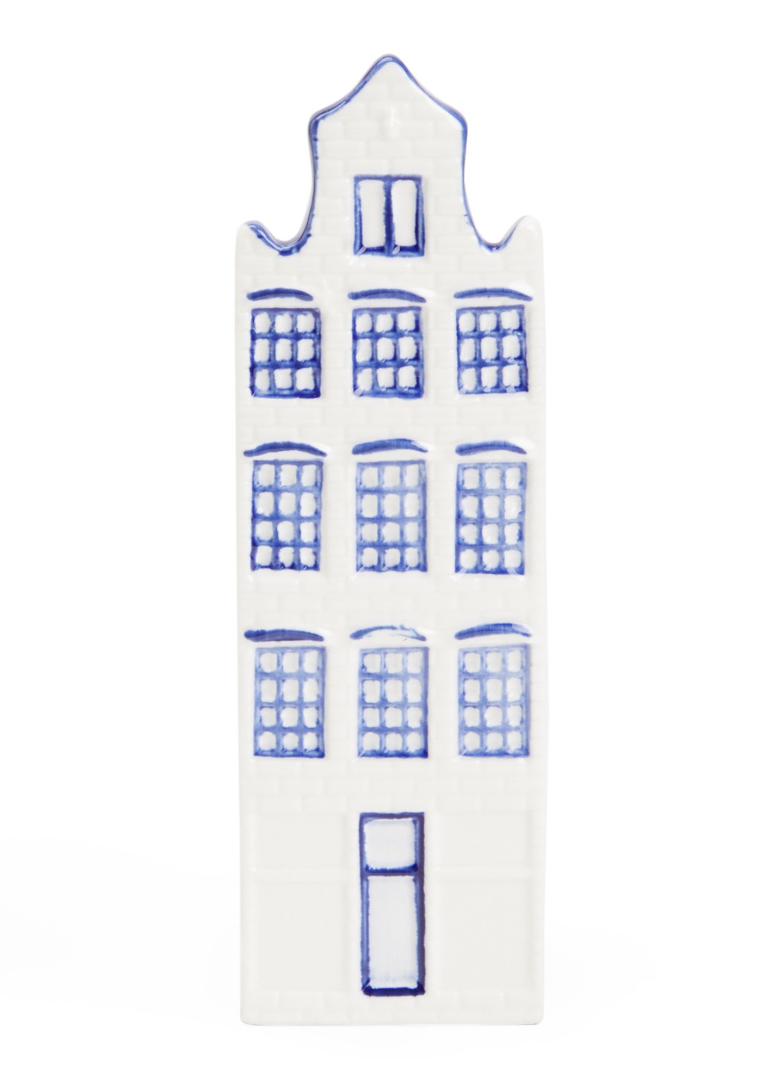 Heinen Delfts Blauw Huisje 3 Verhoogde Halsgevel vaas 16,5 cm - voorkant blauw