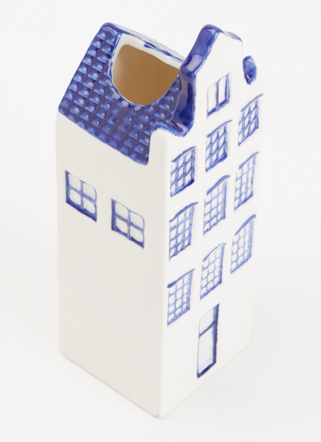 Heinen Delfts Blauw Huisje 3 Verhoogde Halsgevel vaas 16,5 cm - voorkant 2 blauw