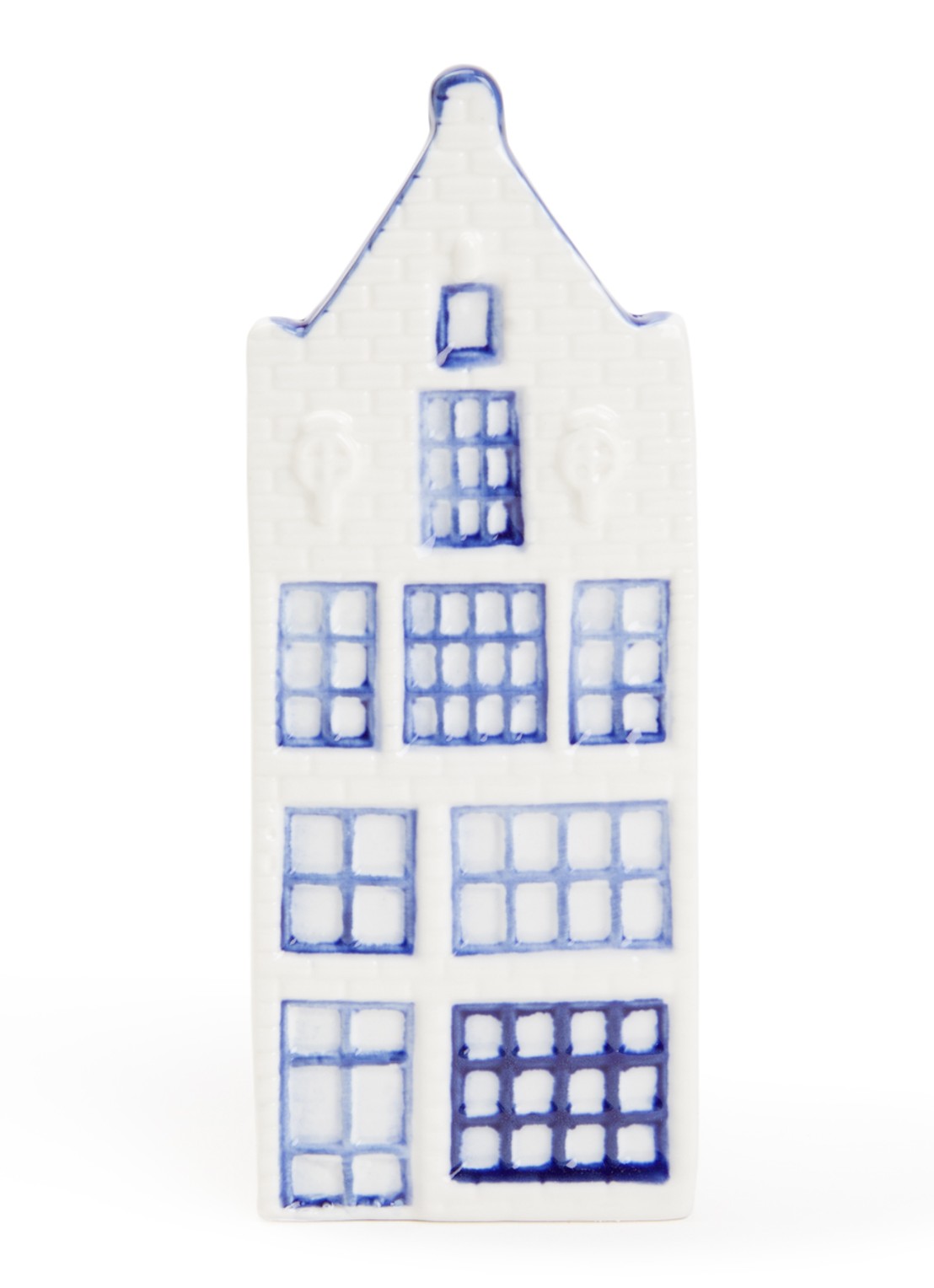 Heinen Delfts Blauw Huisje 4 Tuitgevel vaas 14 cm - voorkant blauw