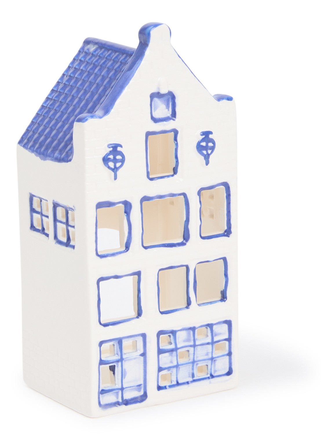 Heinen Delfts Blauw Huisje 4 Tuitgevel waxinelichthouder 14 cm - voorkant blauw