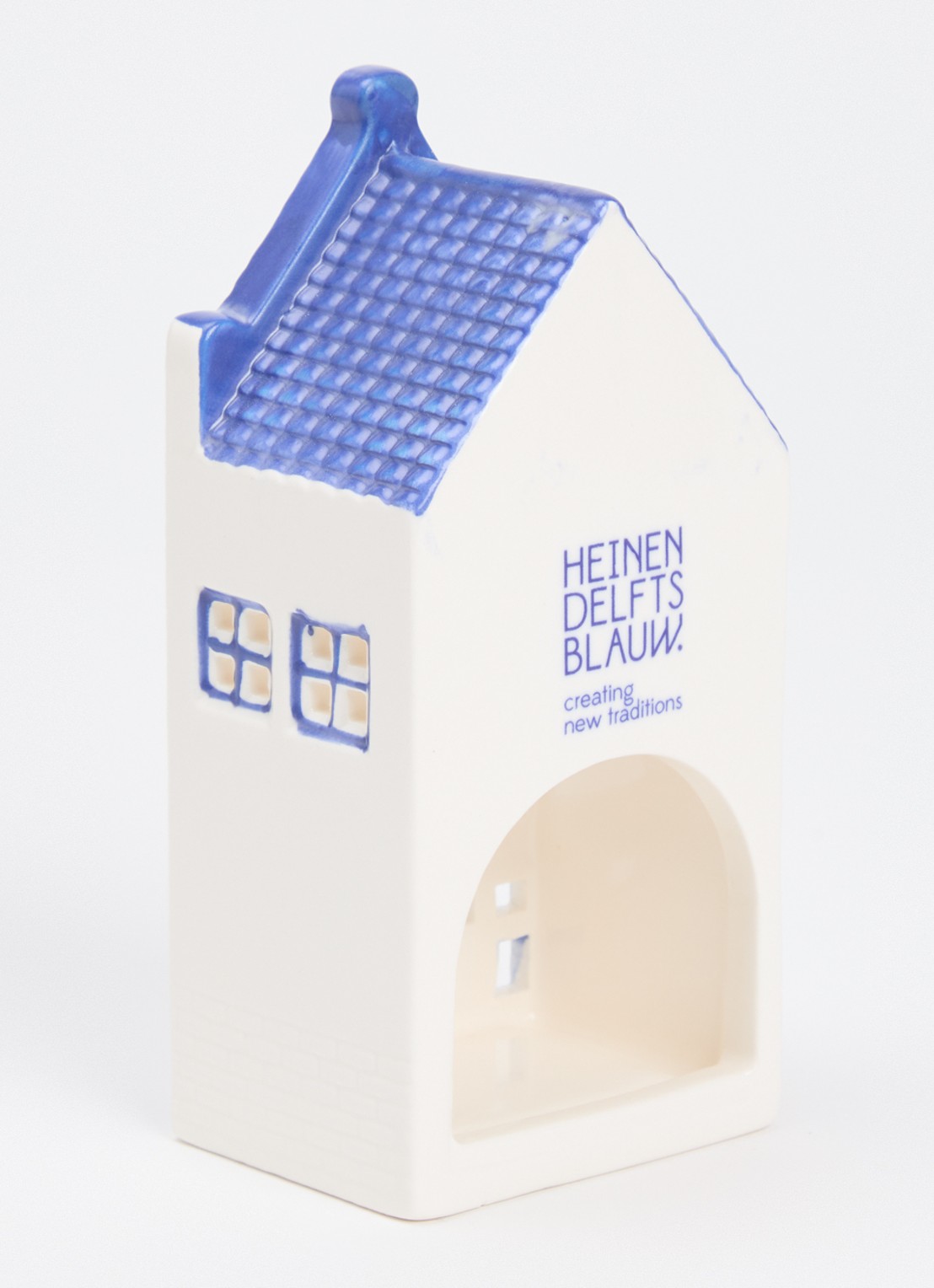 Heinen Delfts Blauw Huisje 4 Tuitgevel waxinelichthouder 14 cm - voorkant 2 blauw