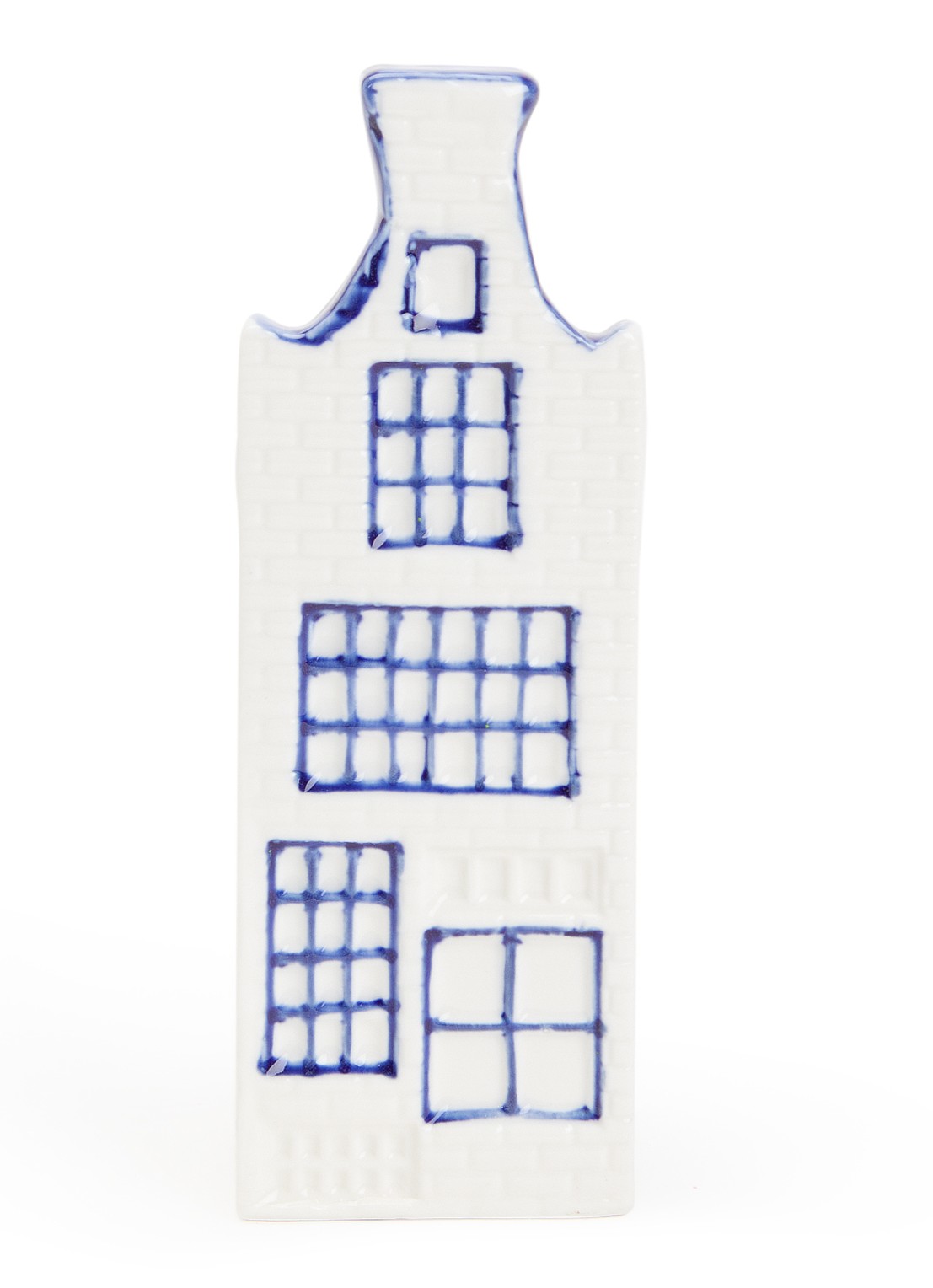 Heinen Delfts Blauw Huisje 5 Halsgevel vaas 13,5 cm - voorkant blauw