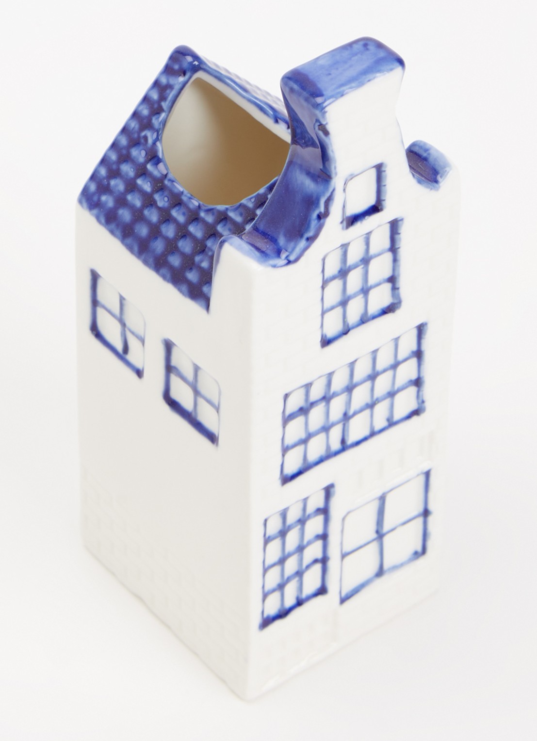 Heinen Delfts Blauw Huisje 5 Halsgevel vaas 13,5 cm - voorkant 2 blauw