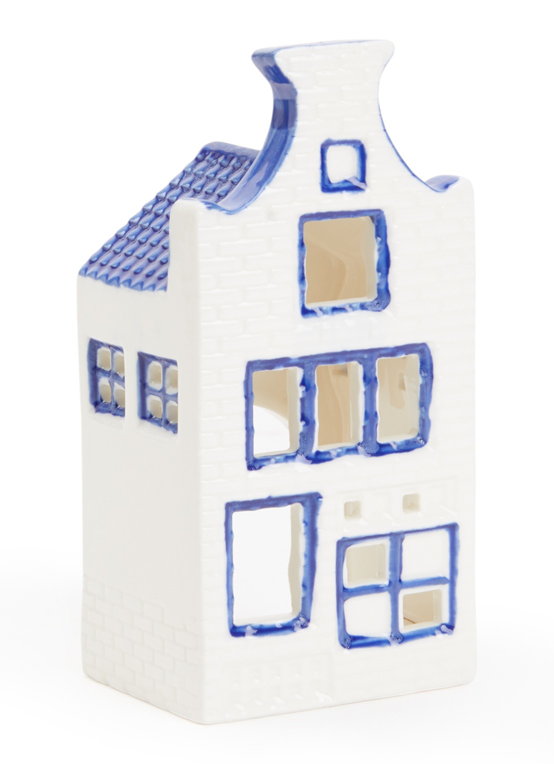 Heinen Delfts Blauw Huisje Halsgevel waxinelichthouder - voorkant royalblauw