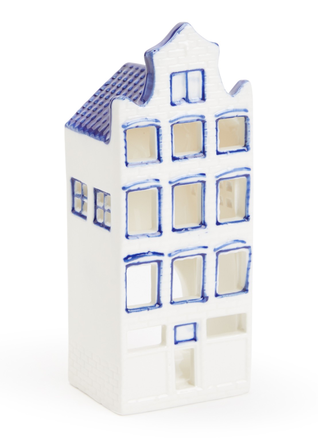 Heinen Delfts Blauw Huisje Halsgevel waxinelichthouder - voorkant blauw