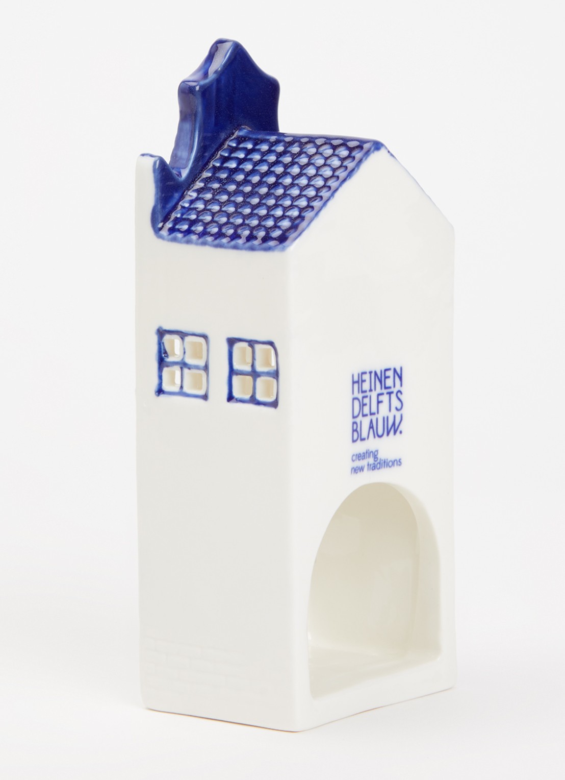 Heinen Delfts Blauw Huisje Halsgevel waxinelichthouder - voorkant 2 blauw