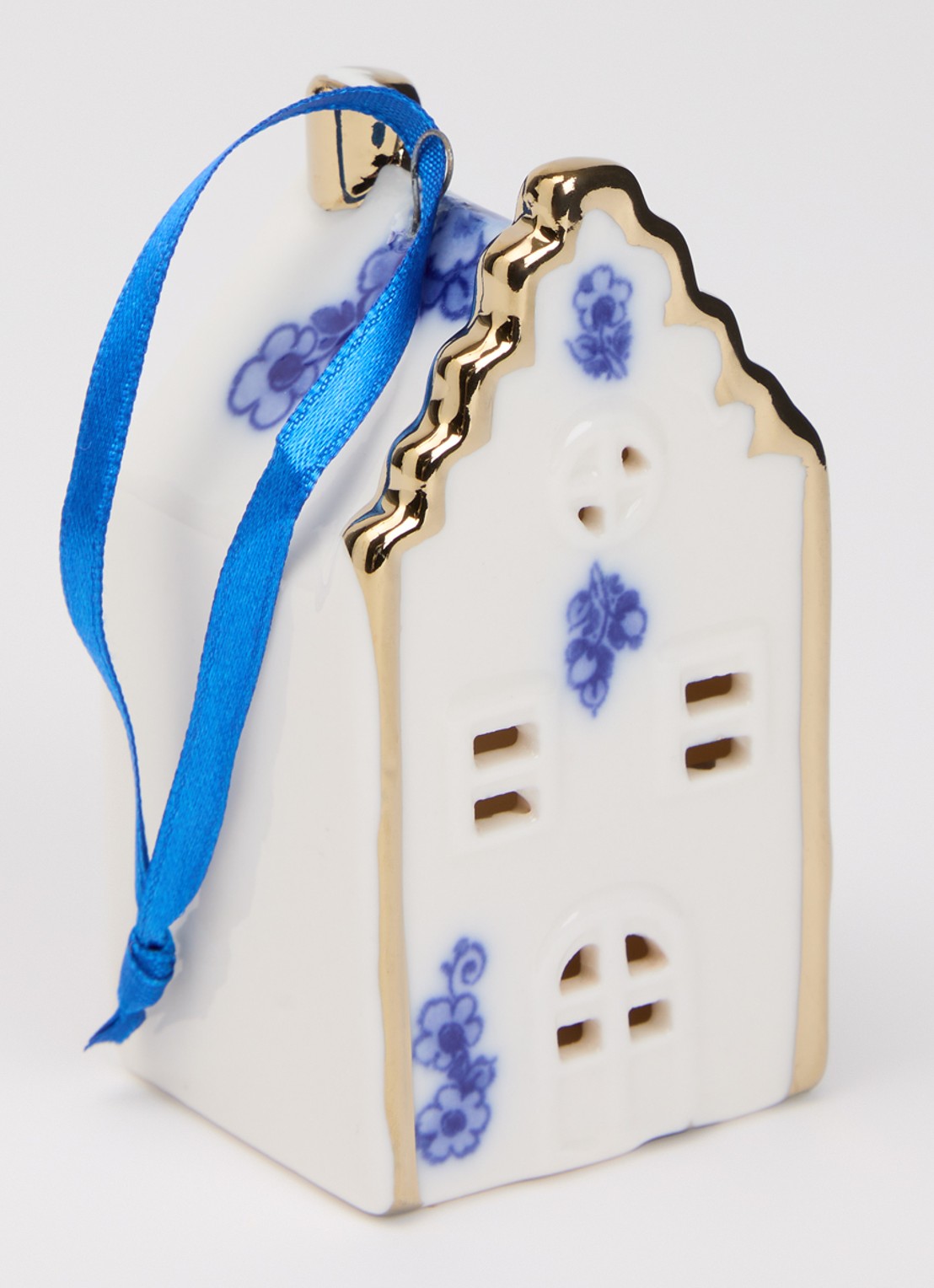 Heinen Delfts Blauw Huisje kersthanger 8 cm - detail multicolor