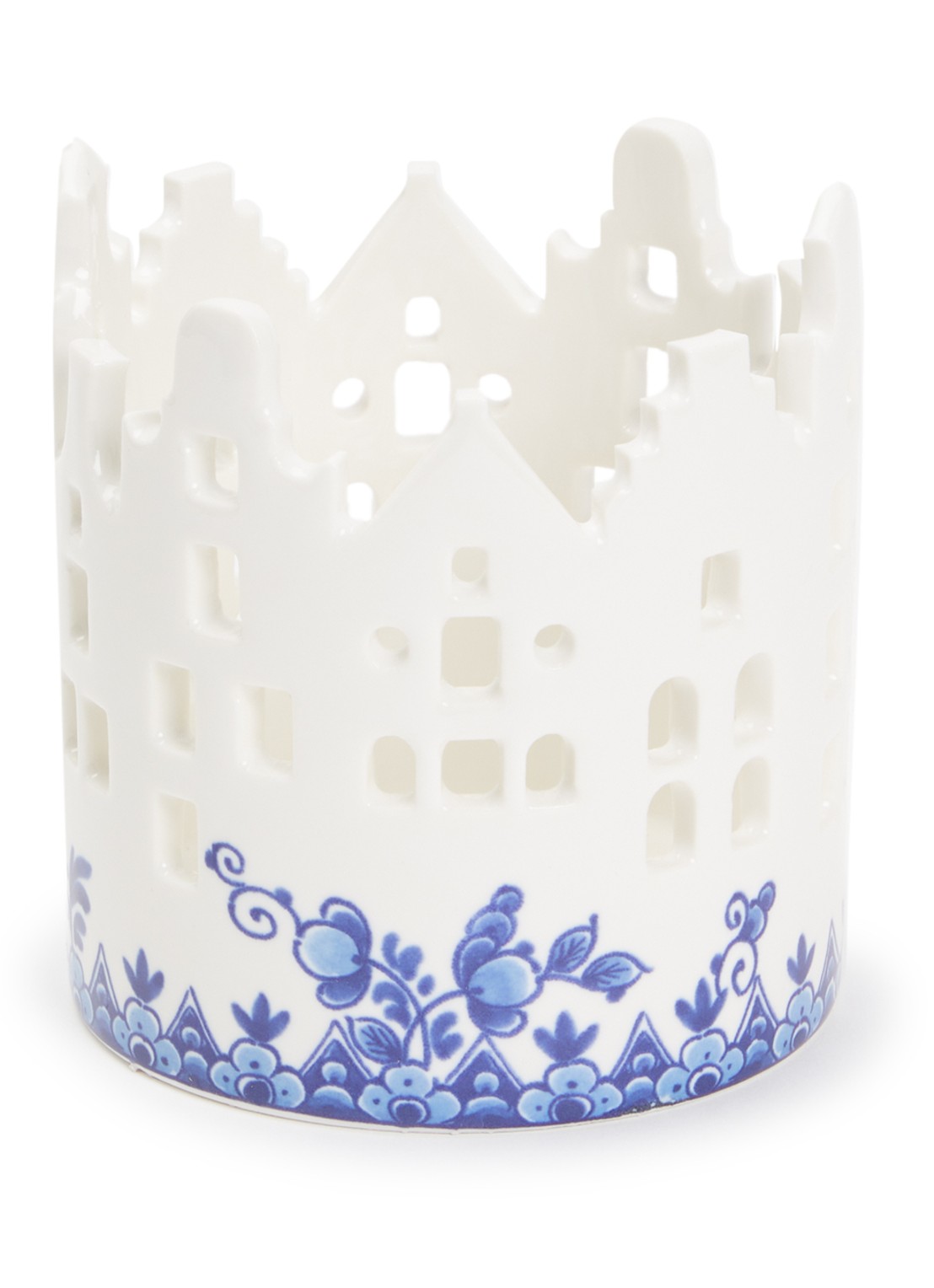 Heinen Delfts Blauw Huisje waxinelichthouder 9 cm - voorkant gebroken wit