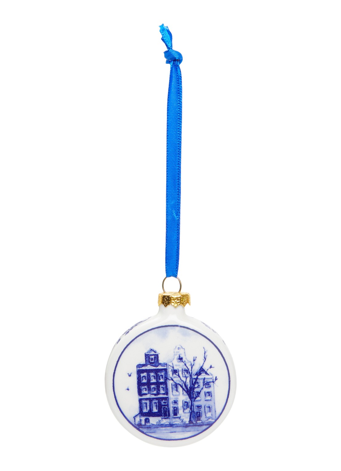 Heinen Delfts Blauw Huisjes kerstbal plat 6 cm - voorkant 2 gebroken wit
