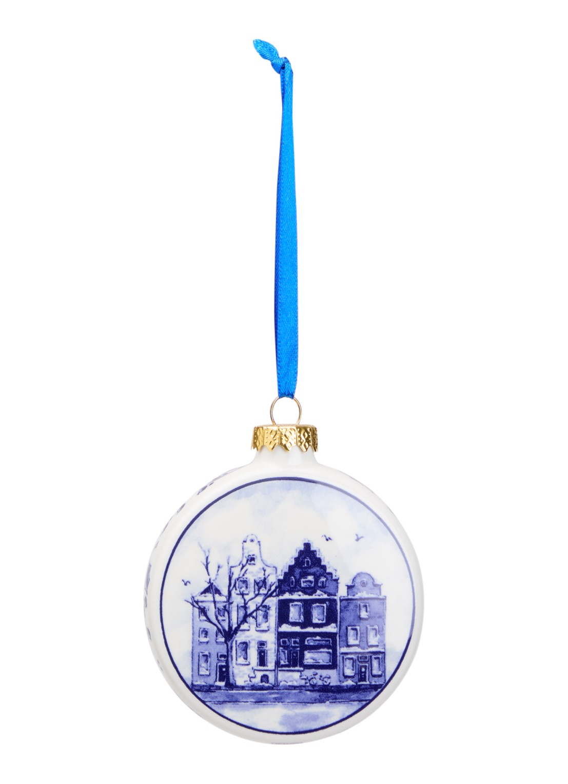 Heinen Delfts Blauw Huisjes kerstbal plat 8 cm - voorkant 2 gebroken wit