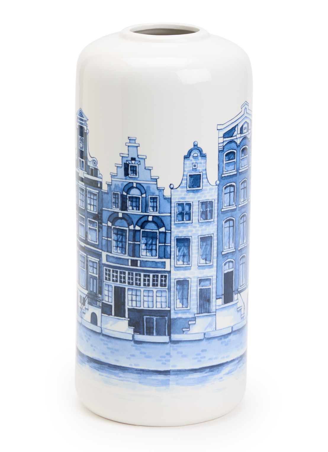 Heinen Delfts Blauw Huisjes vaas 31 cm  - voorkant blauw