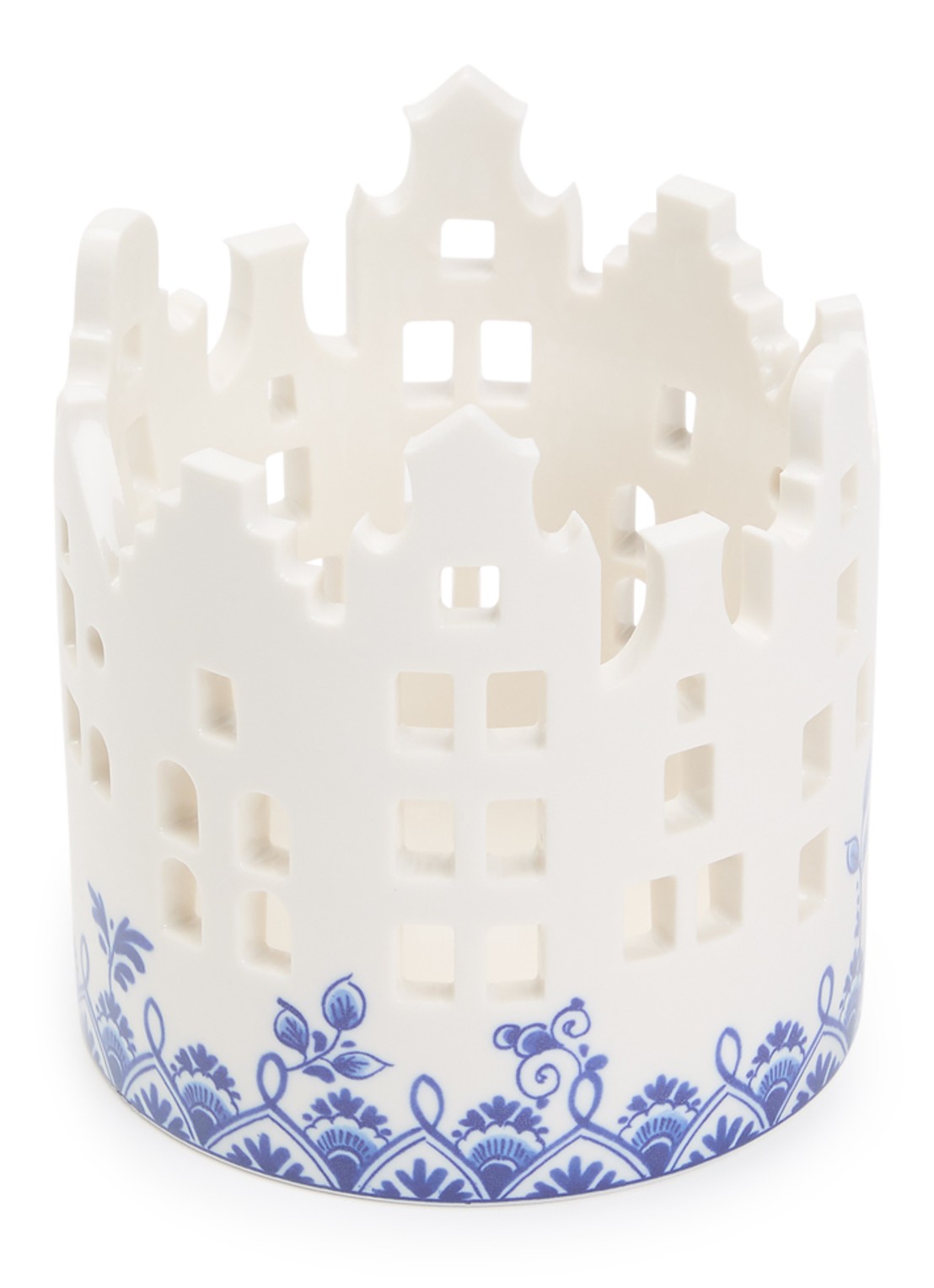 Heinen Delfts Blauw Huisjes waxinelichthouder 10,5 cm  - voorkant blauw