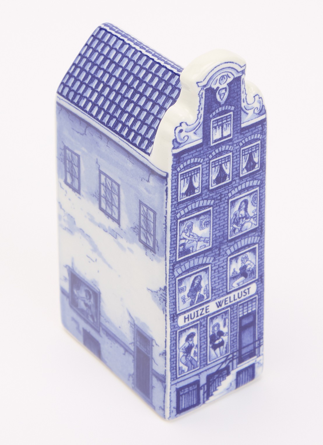 Heinen Delfts Blauw Huize Wellust Grachtenpand ornament 14 cm - voorkant 2 donkerblauw