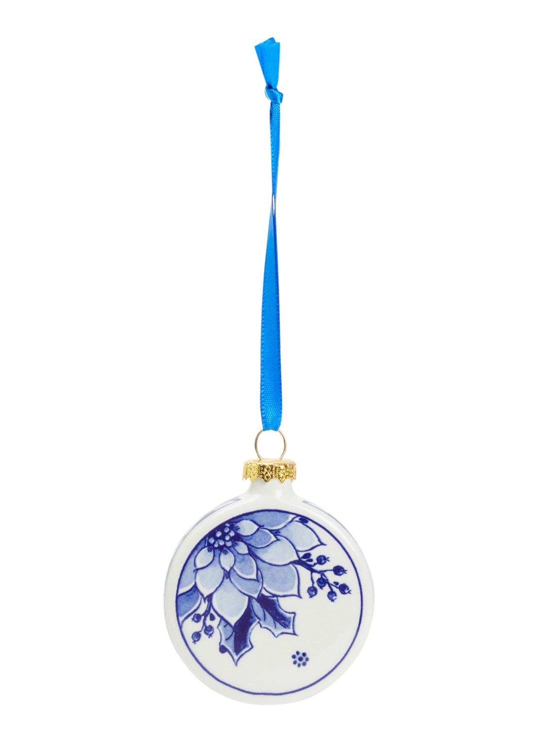 Heinen Delfts Blauw Hulst kerstbal plat 6 cm - voorkant 2 gebroken wit