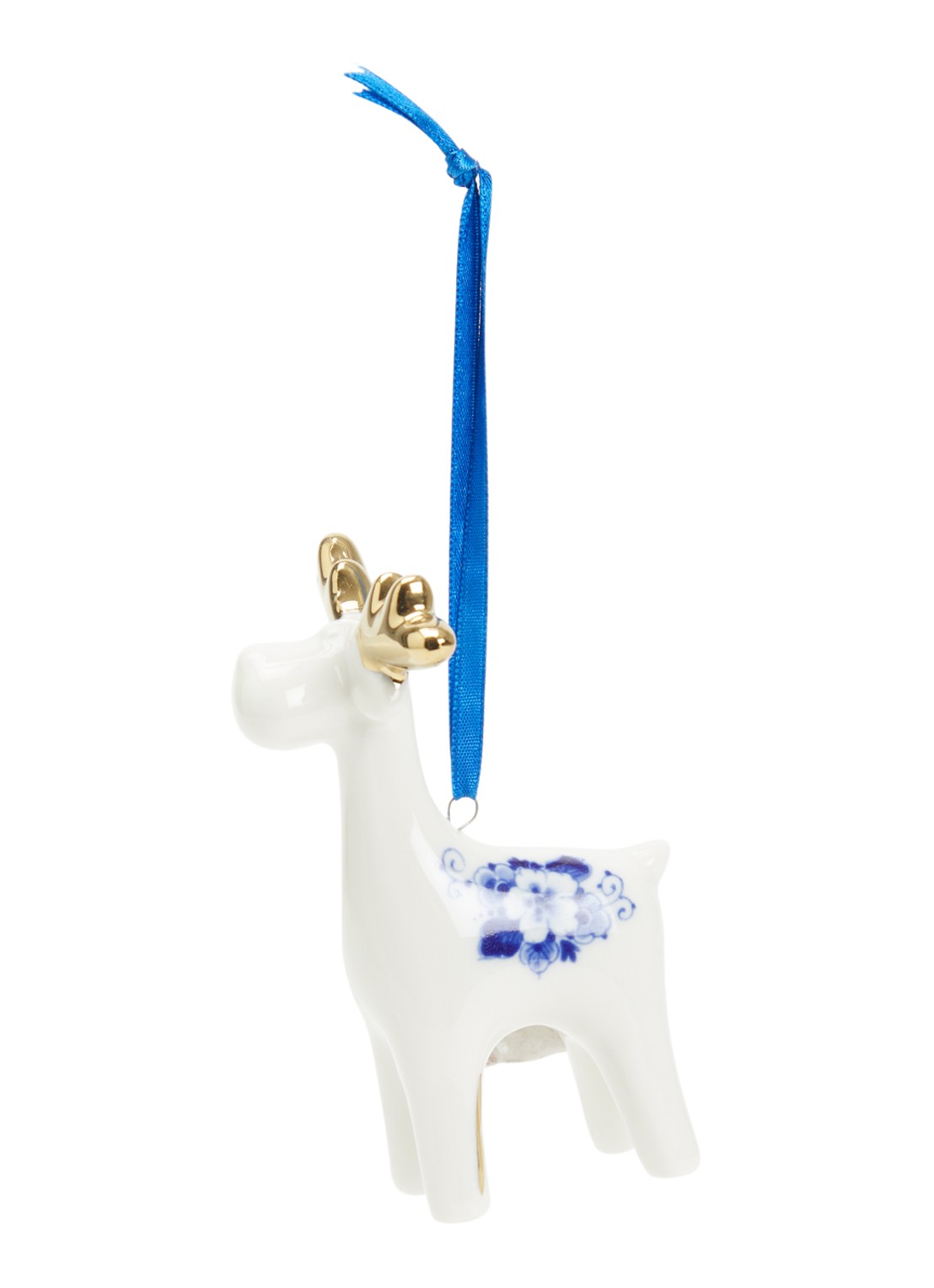 Heinen Delfts Blauw Kariboe kersthanger 10 cm - voorkant gebroken wit