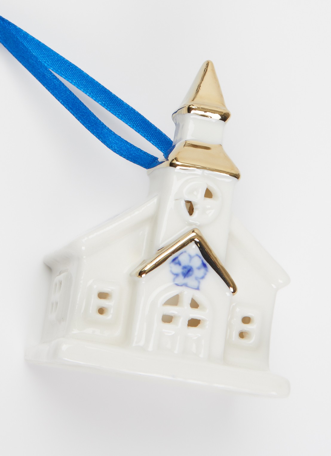 Heinen Delfts Blauw Kerk kersthanger 8 cm - detail 2 gebroken wit