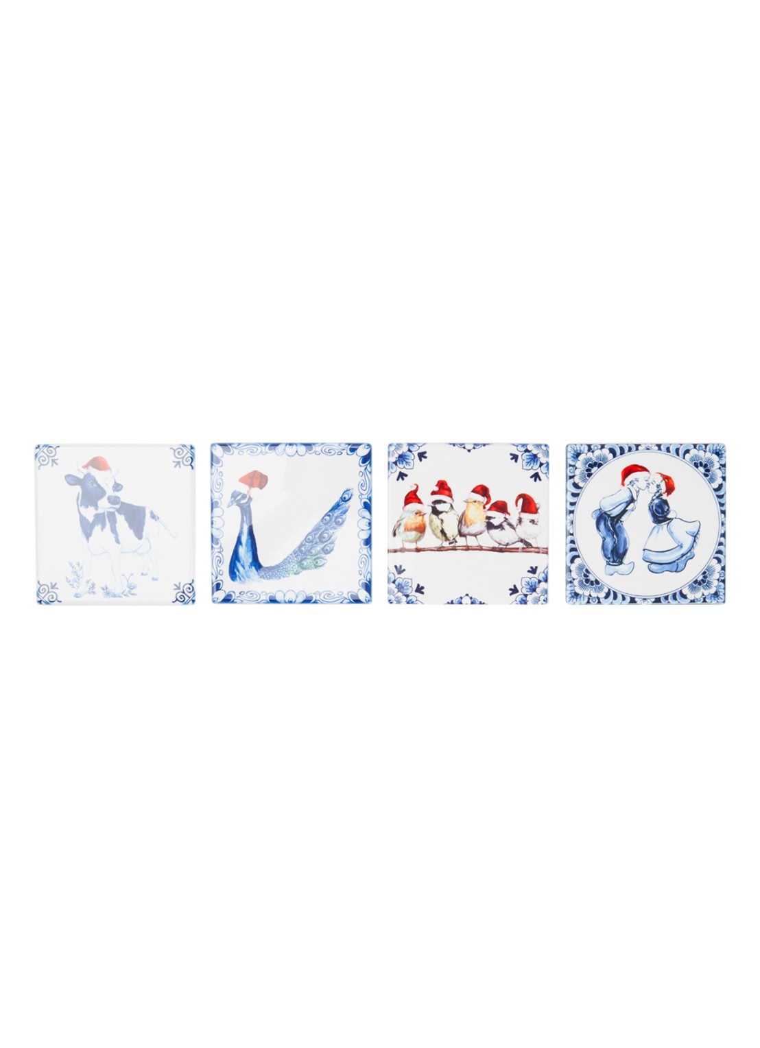 Heinen Delfts Blauw Kerst onderzetter set van 4 - voorkant gebroken wit