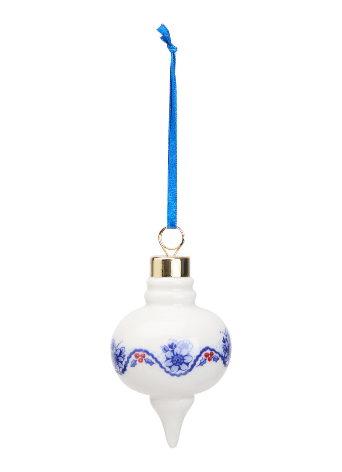 Heinen Delfts Blauw Kerstbal rond 8,5 cm - voorkant 2 gebroken wit