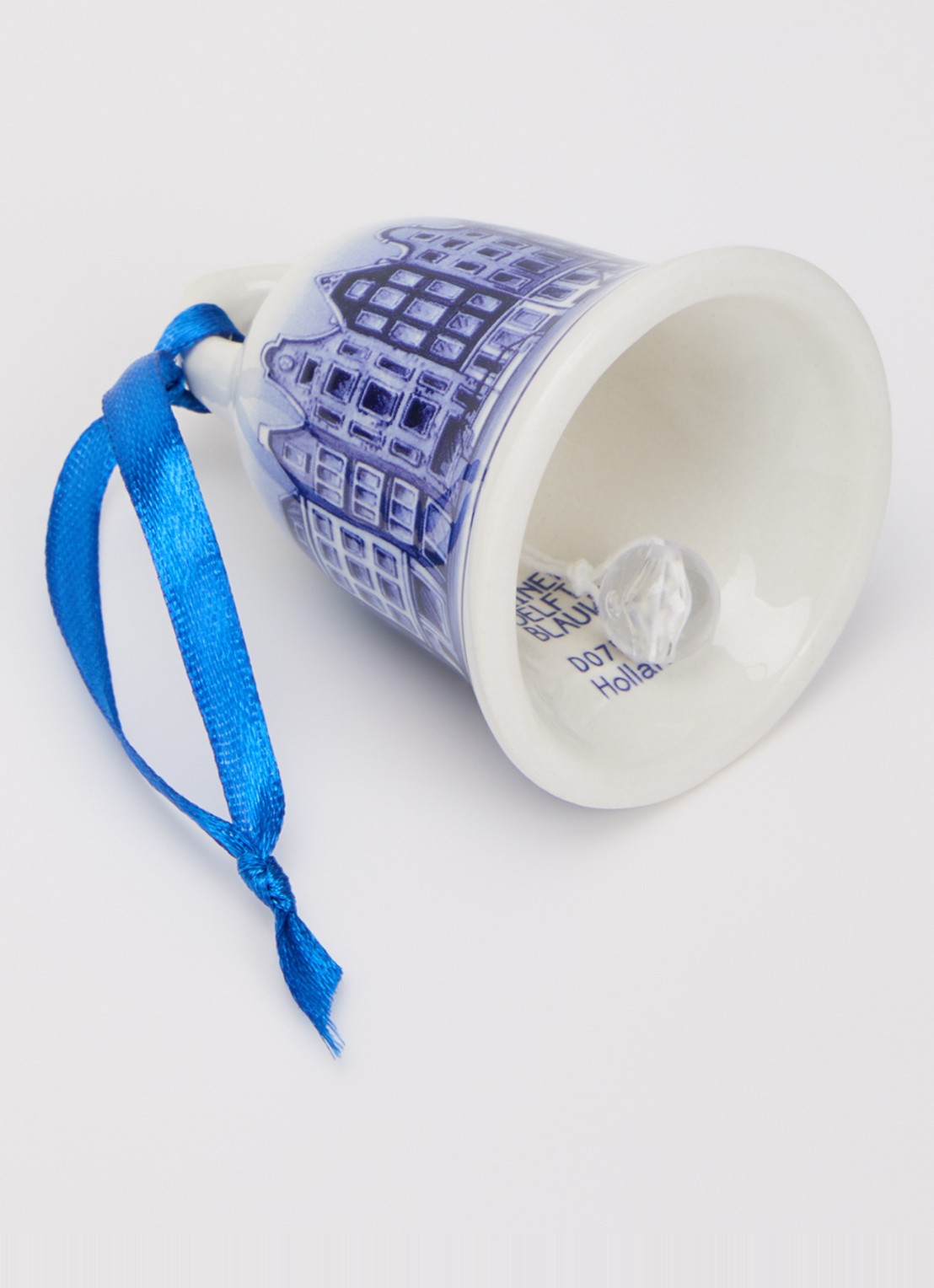 Heinen Delfts Blauw Kerstbel Grachtenpandjes kersthanger 7 cm - detail gebroken wit