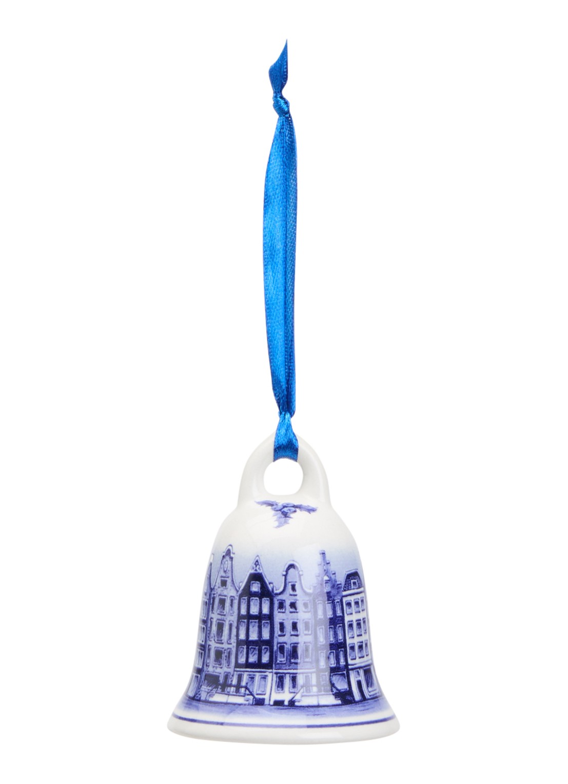 Heinen Delfts Blauw Kerstbel Grachtenpandjes kersthanger 7 cm - voorkant 2 gebroken wit