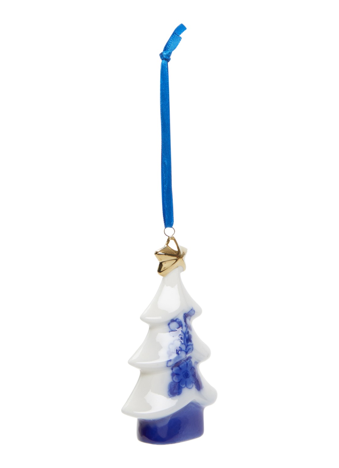 Heinen Delfts Blauw Kerstboom Ster kersthanger 9,5 cm - voorkant 2 gebroken wit