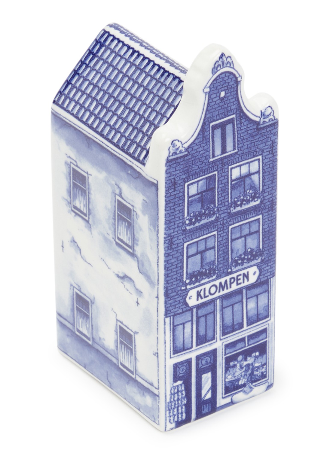 Heinen Delfts Blauw Klompen Grachtenpand ornament 14 cm - voorkant donkerblauw