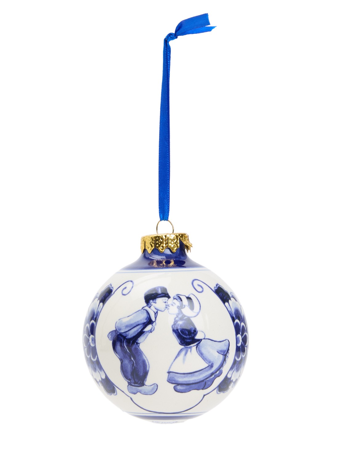 Heinen Delfts Blauw Kuspaar kerstbal 7 cm - voorkant 2 donkerblauw