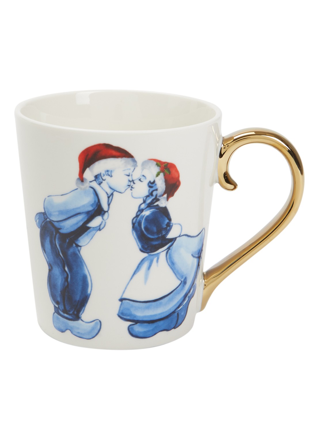 Heinen Delfts Blauw Kuspaar kerstkopje 30 cl - voorkant gebroken wit