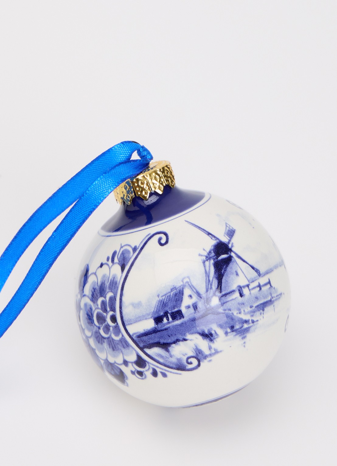 Heinen Delfts Blauw Landschap kerstbal 7 cm - detail gebroken wit