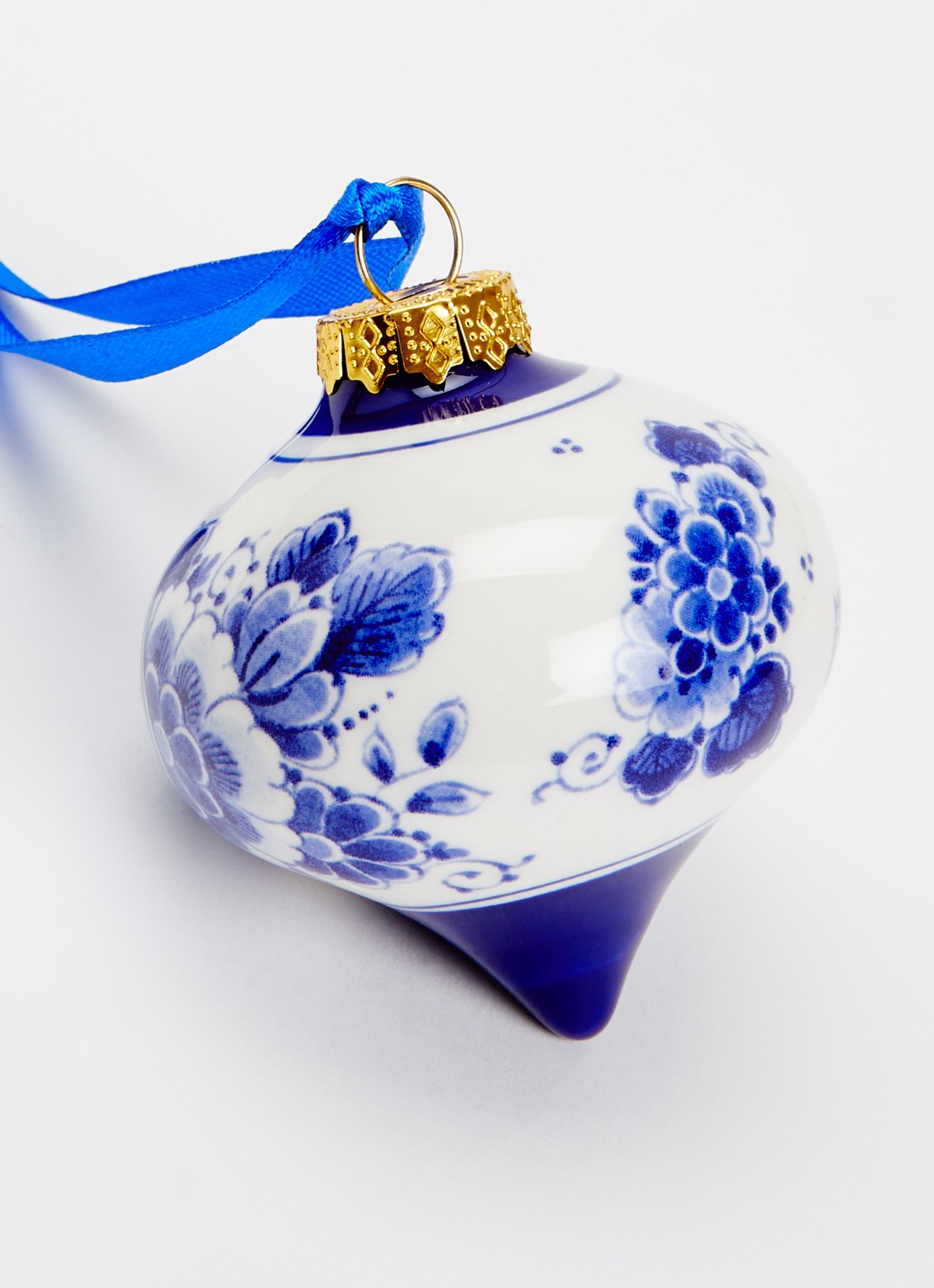 Heinen Delfts Blauw Landschap kerstbal druppel 7 cm - detail 2 gebroken wit
