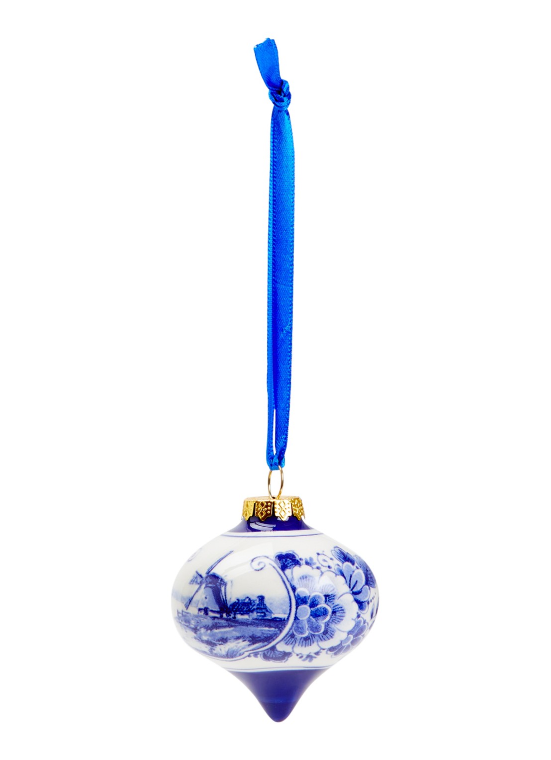 Heinen Delfts Blauw Landschap kerstbal druppel 7 cm - voorkant gebroken wit