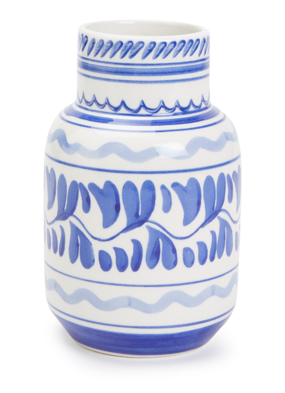 Heinen Delfts Blauw Majolica vaas 15,5 cm - voorkant wit