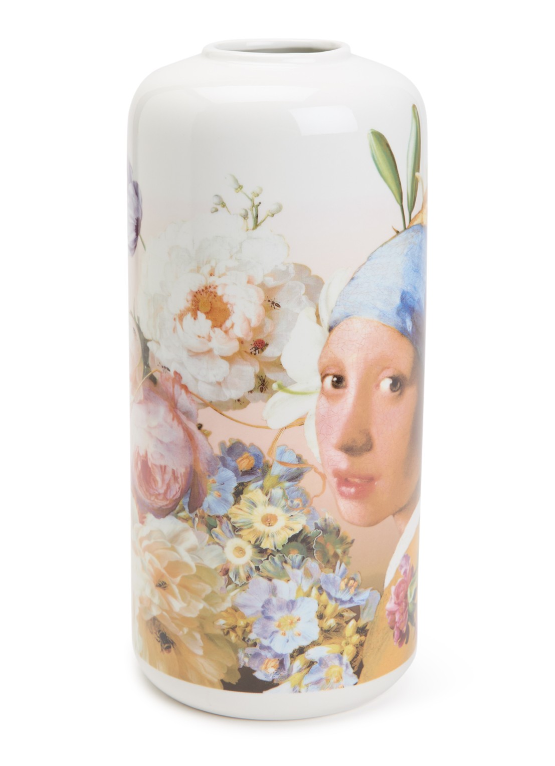 Heinen Delfts Blauw Meisje met de parel vaas 31 cm  - voorkant wit