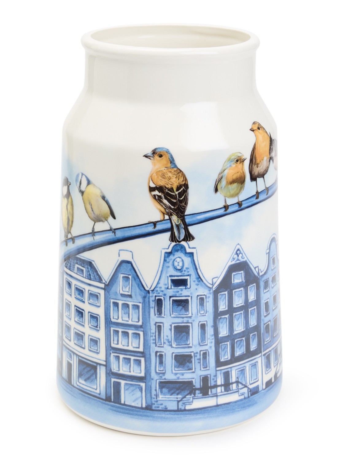 Heinen Delfts Blauw Melkbus grachtenpanden vaas 30 cm  - voorkant blauw