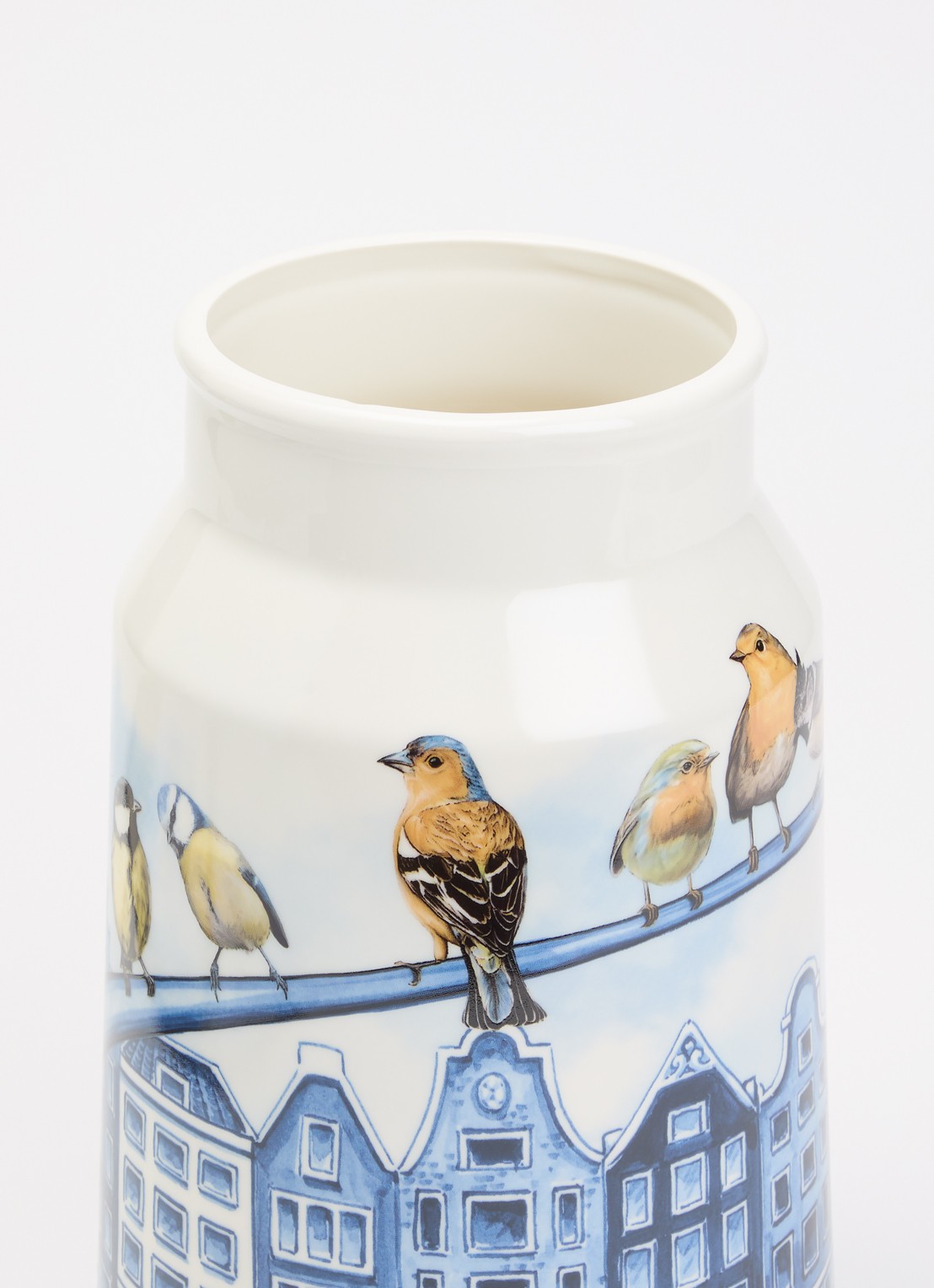 Heinen Delfts Blauw Melkbus grachtenpanden vaas 30 cm  - voorkant 2 blauw