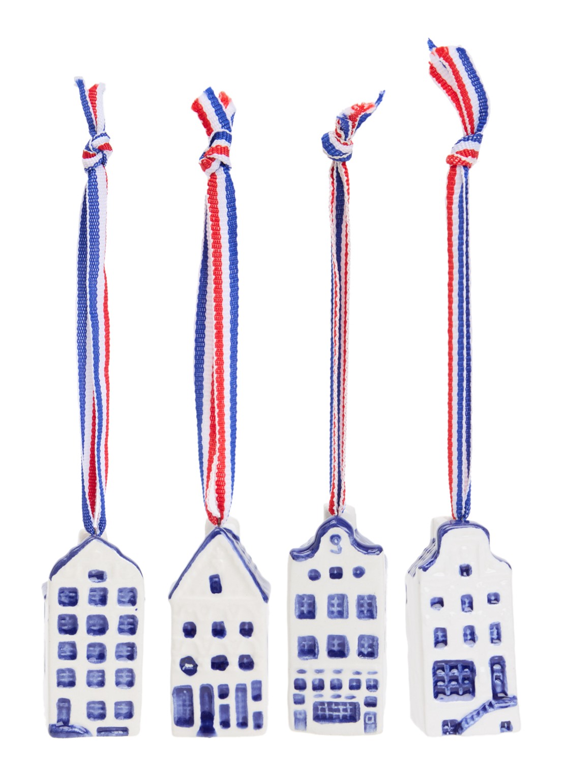 Heinen Delfts Blauw Mini grachtenhuisjes kersthanger 5,5 cm set van 4 - voorkant 2 donkerblauw