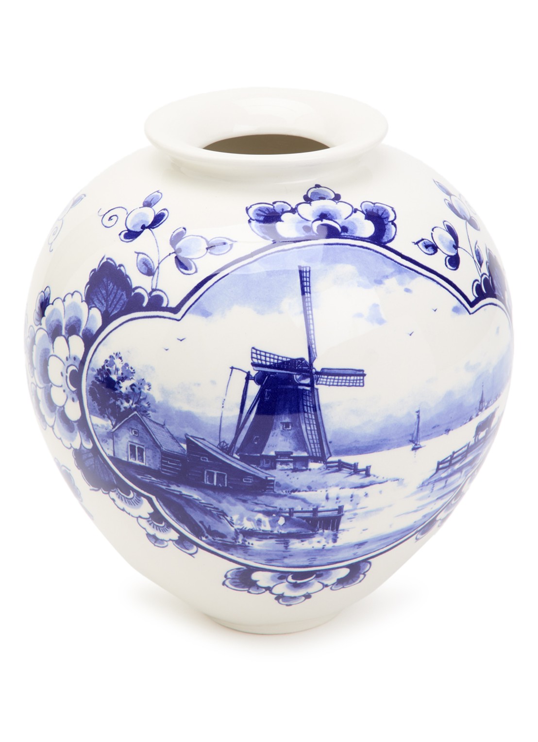 Heinen Delfts Blauw Molen vaas 20 cm  - voorkant blauw