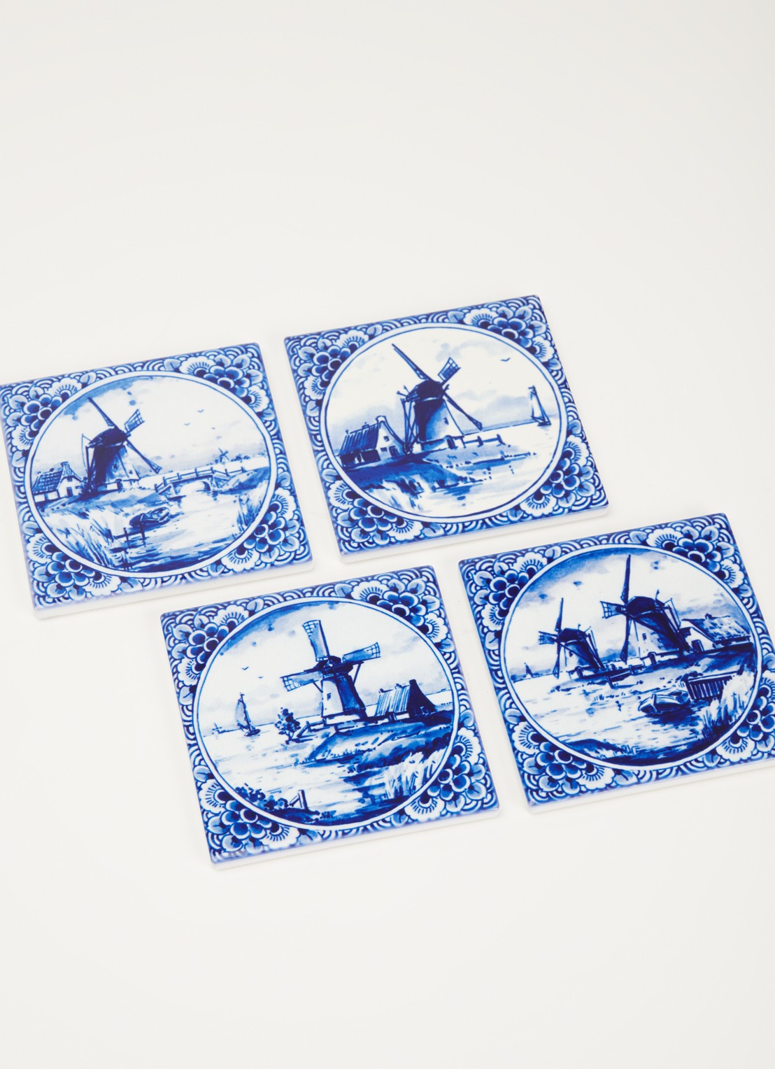 Heinen Delfts Blauw Molens onderzetter set van 4 - voorkant 2 donkerblauw
