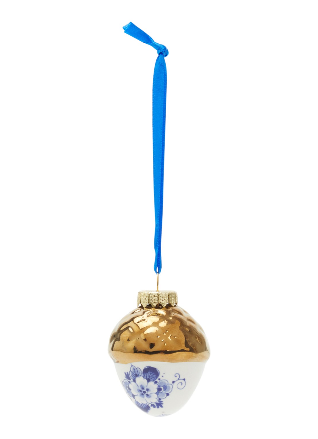 Heinen Delfts Blauw Noot Met Gouden Dopje kersthanger 5,5 cm - voorkant gebroken wit