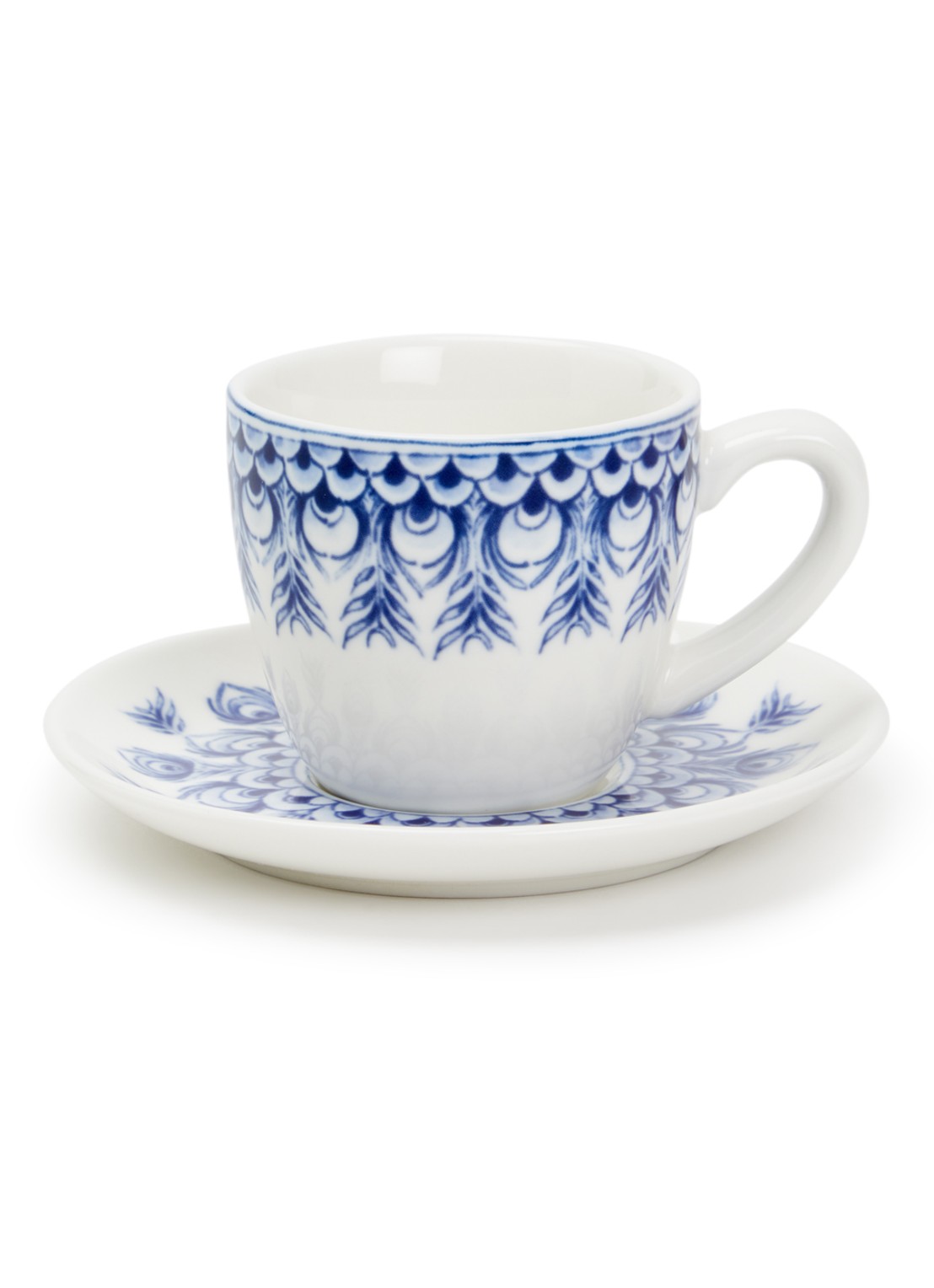 Heinen Delfts Blauw Paauw Blauw espressokopje en schotel - voorkant wit