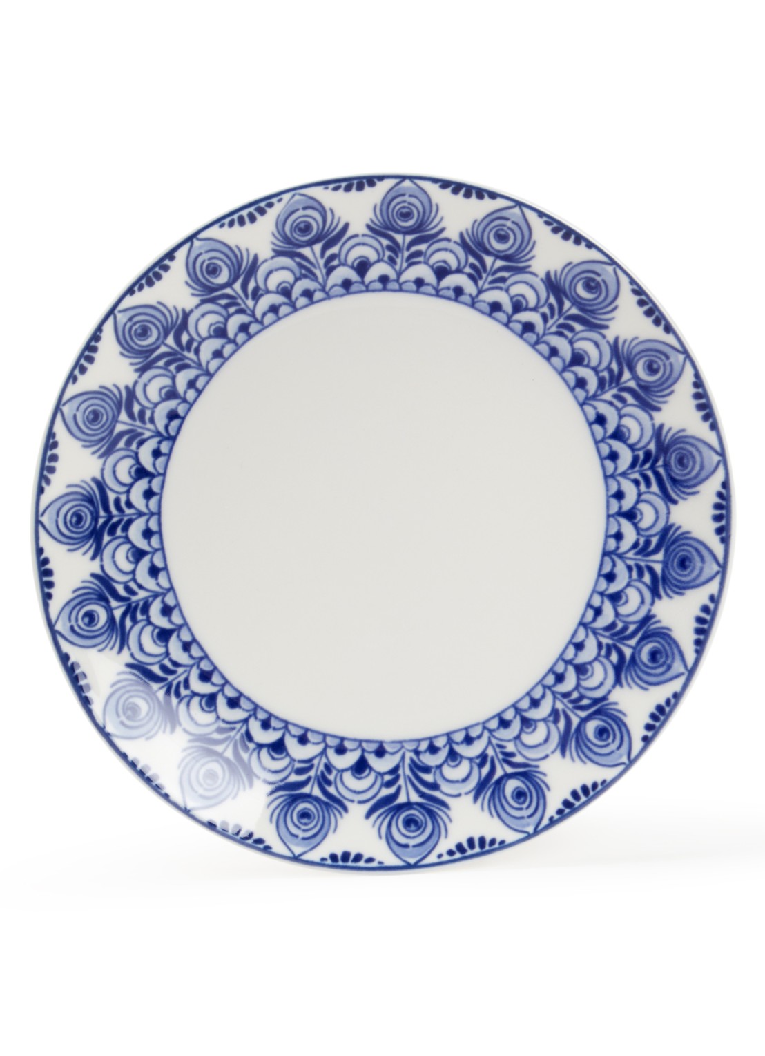 Heinen Delfts Blauw Paauw Blauw gebaksbordje 15 cm - voorkant 3 wit