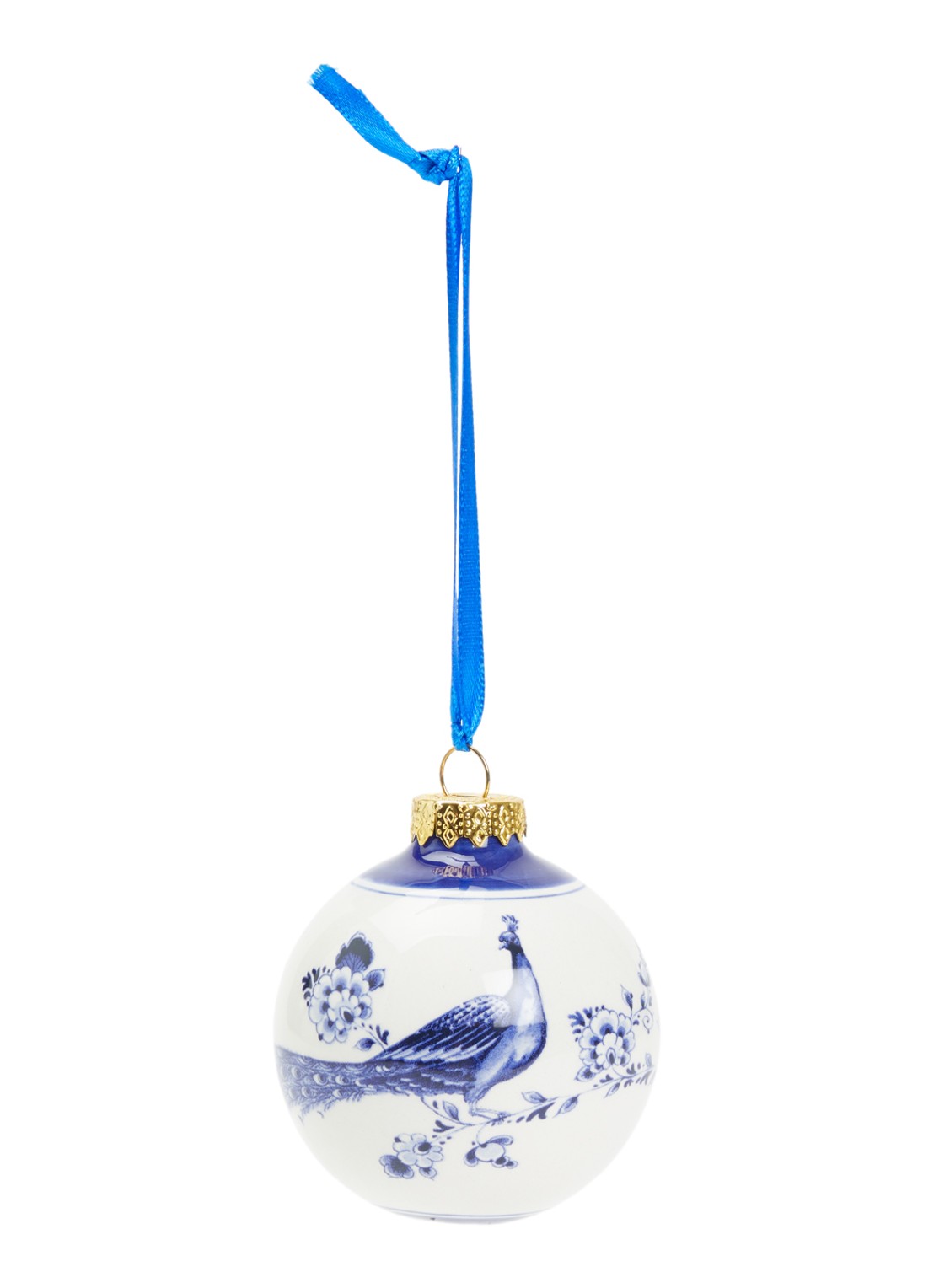 Heinen Delfts Blauw Pauw kerstbal 7 cm - voorkant gebroken wit