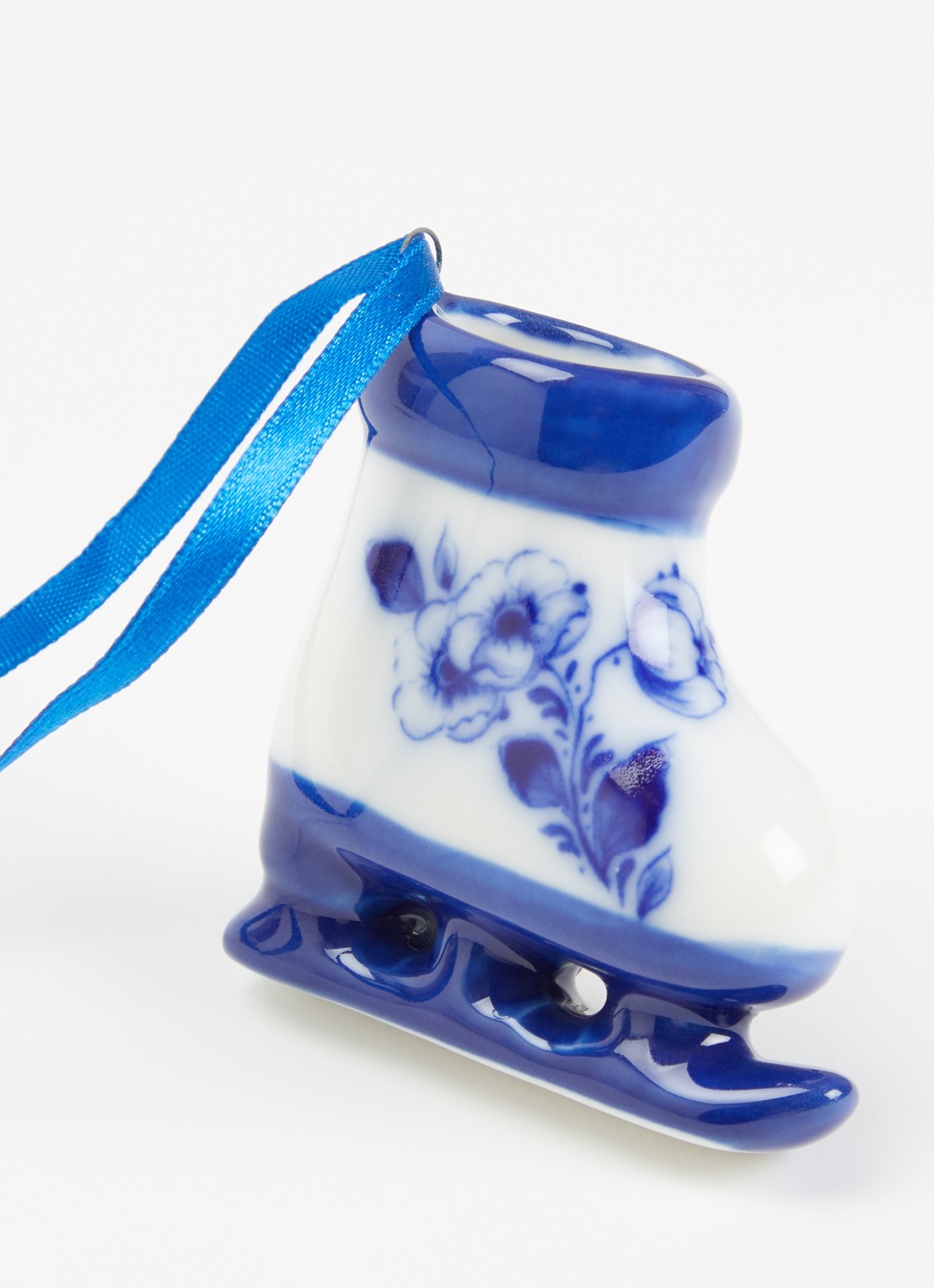Heinen Delfts Blauw Schaats kersthanger 5 cm - detail gebroken wit