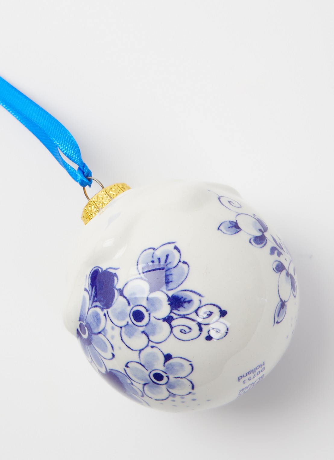 Heinen Delfts Blauw Sneeuw kerstbal 8 cm - detail 2 gebroken wit
