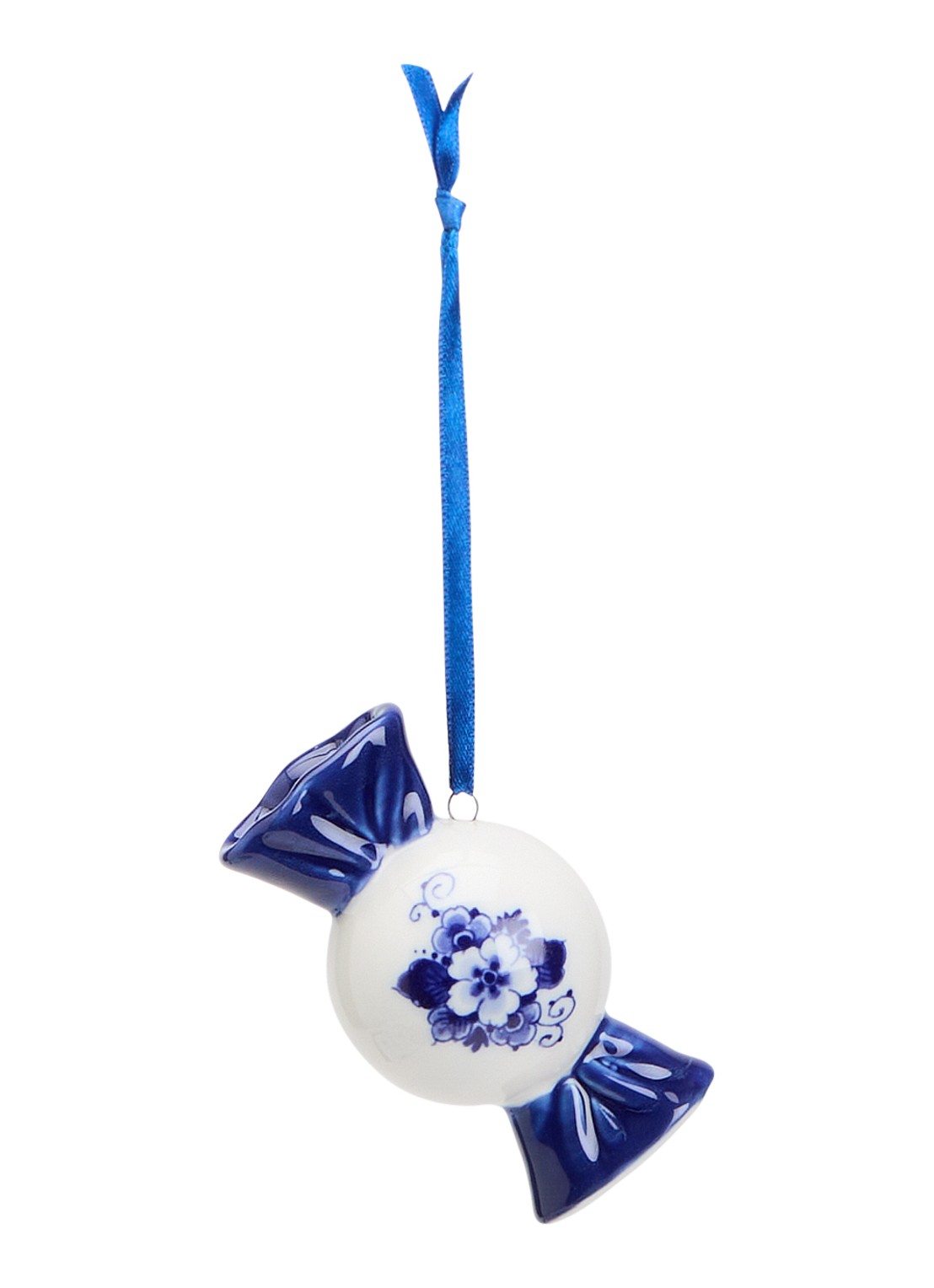 Heinen Delfts Blauw Snoepje kersthanger 7,5 cm - voorkant gebroken wit