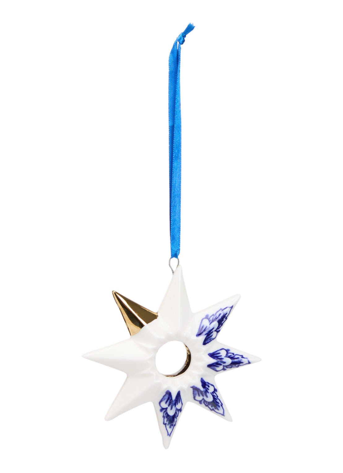Heinen Delfts Blauw Ster 1 kersthanger 9,5 cm - voorkant gebroken wit
