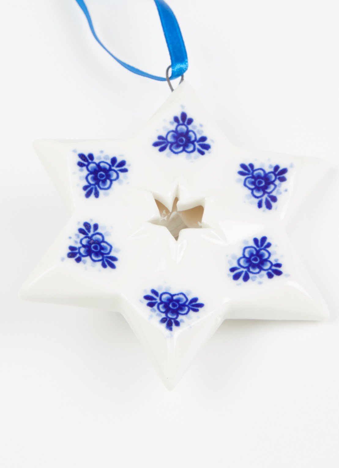 Heinen Delfts Blauw Ster 2 kersthanger 8,5 cm - detail 2 gebroken wit