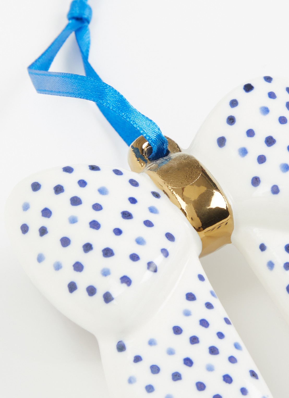 Heinen Delfts Blauw Strik Stippen kersthanger 7,5 cm - detail gebroken wit
